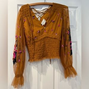 NWT Anthropologie Balloon Sleeve Embroidered Top Size Small